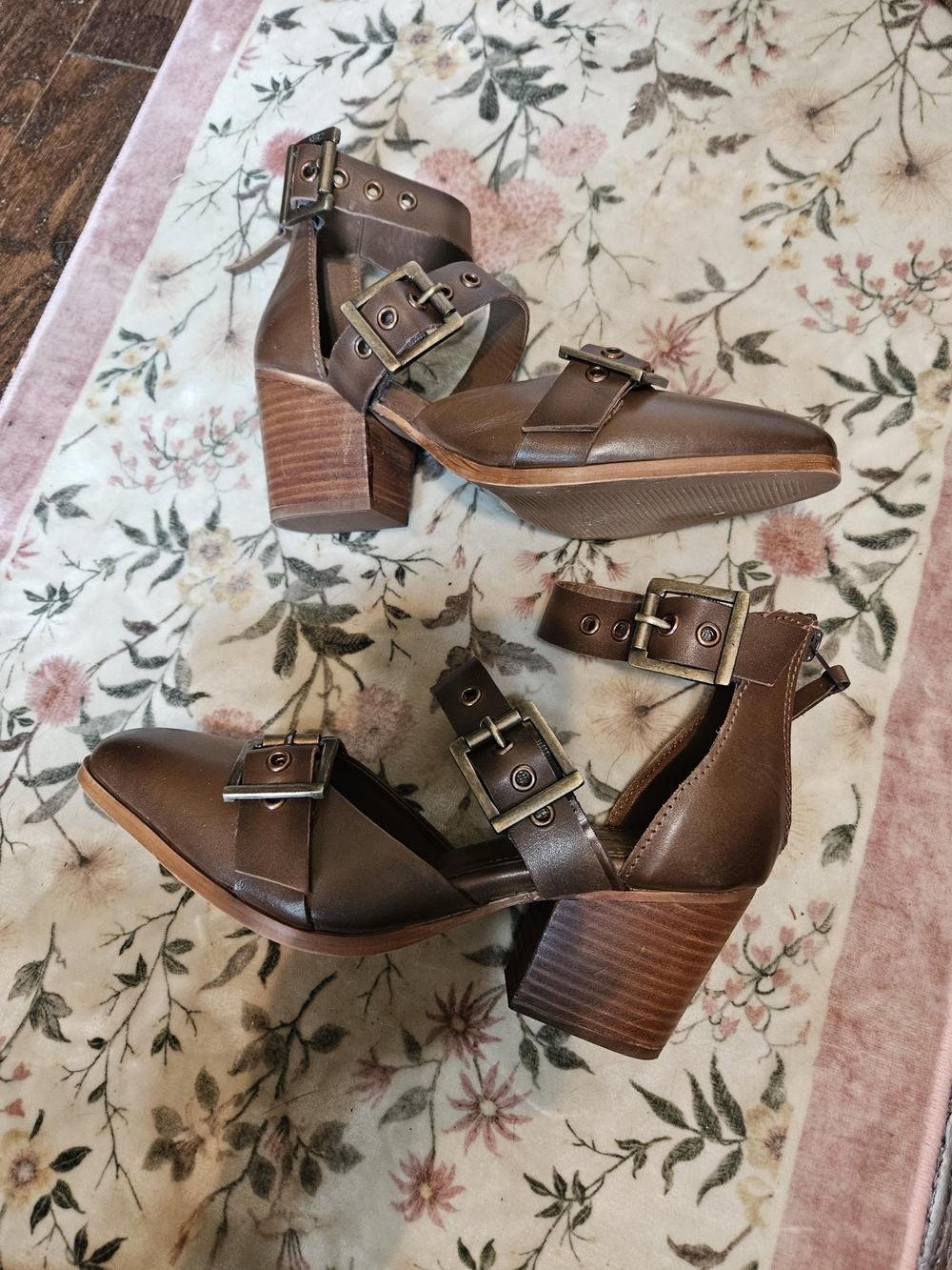 Women’s Brown Buckle Block Heel Ankle Booties